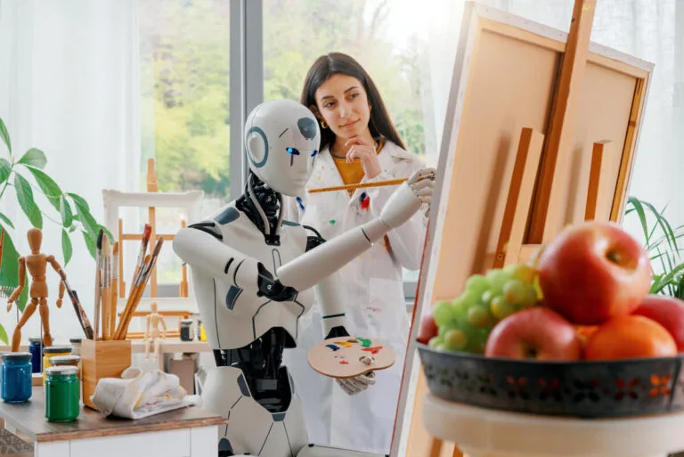 Creative ai robot learning how to paint on canvas.