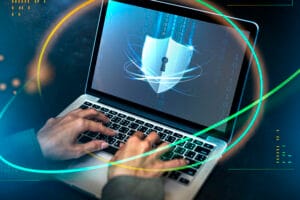 Person typing on a laptop keyboard with an animated lock screen render animated.