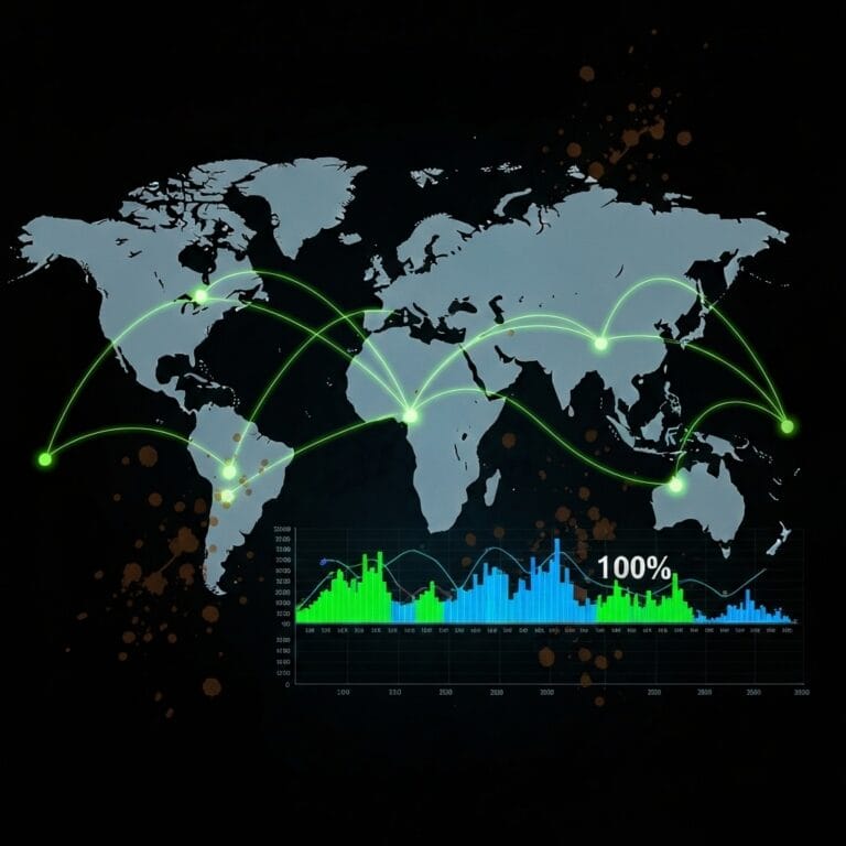 View of world map with data pings illustrated across the world.