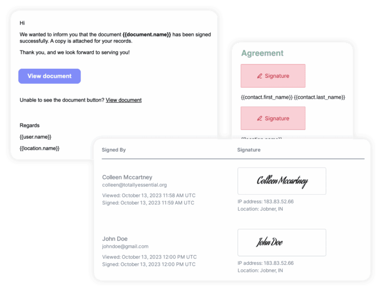 Preview of contracts with signature capture and confirmation.