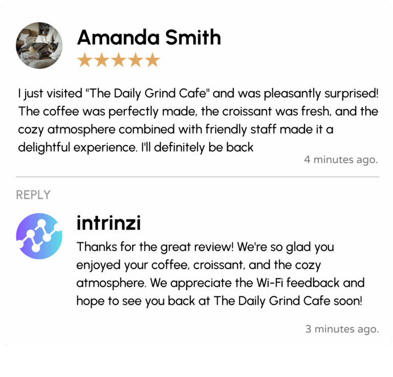 A warm five star review from a woman called Amanda is posted, with a prompt and quick reply from AI thanking them for their review and hoping they see the customer again soon at the business.