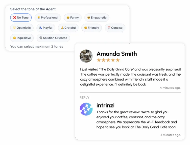 Screenshots overlayed showing AI auto review responder and the settings to optimise the response.