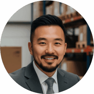 David Chen sat at a computer desk in a warehouse setting smiling into the camera.