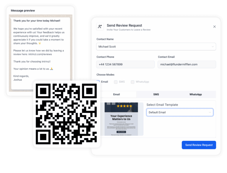 Screenshots overlayed showing review request being sent via WhatsApp and email with a QR code that links to leave a review.