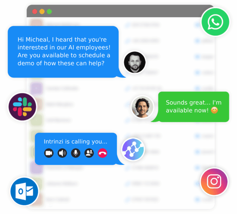 Intrinzi unified inbox with chat messages overlayed along with social and messaging logos.