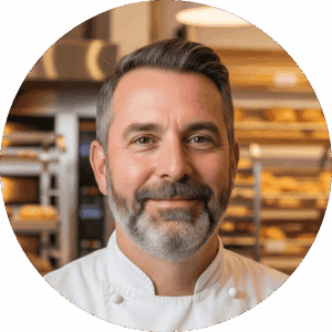 Mark Davies stood in the kitchen in his bakery looking into the camera with a slight smile.