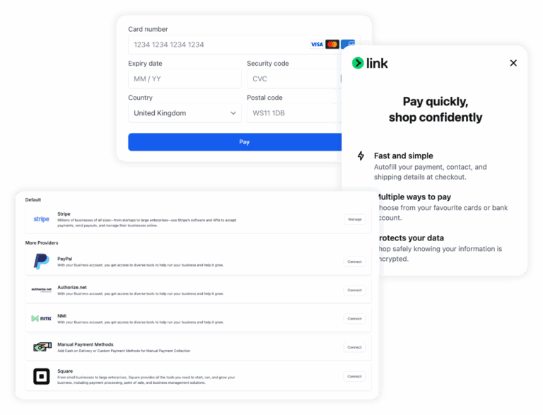 Payment provider integrations and payment options.