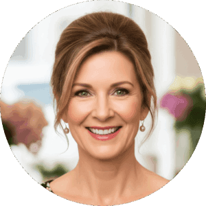 Sarah Jenkins smiling in front of camera stood in her florist shop.