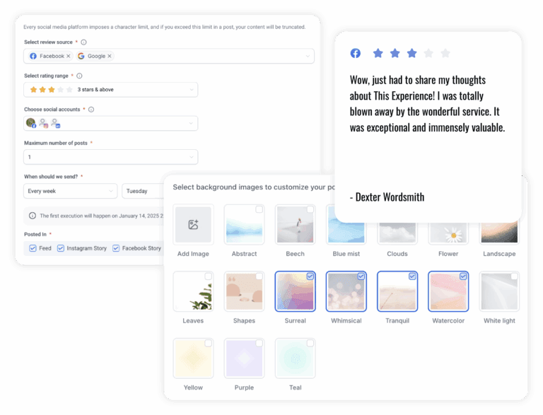 Screenshots overlayed highlighting the ability to share reviews gathered via social media channels.