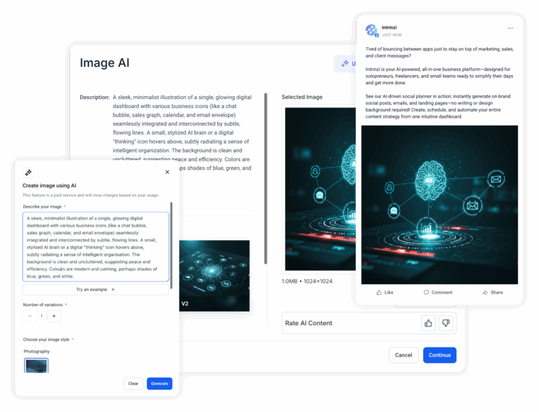 Screenshot overlays highlighting Intrinzi image AI with prompts, output, and preview as a Facebook post.