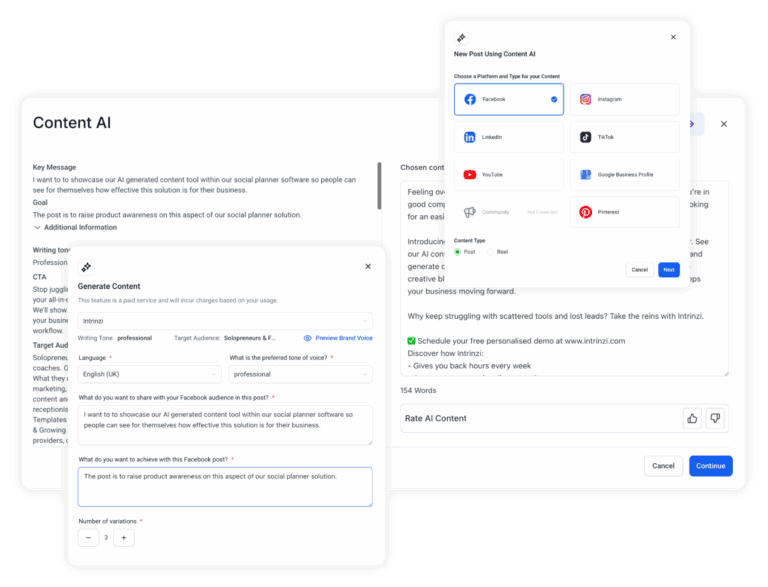 Screenshot overlays showcasing Intrinzi content AI with prompts and settings.