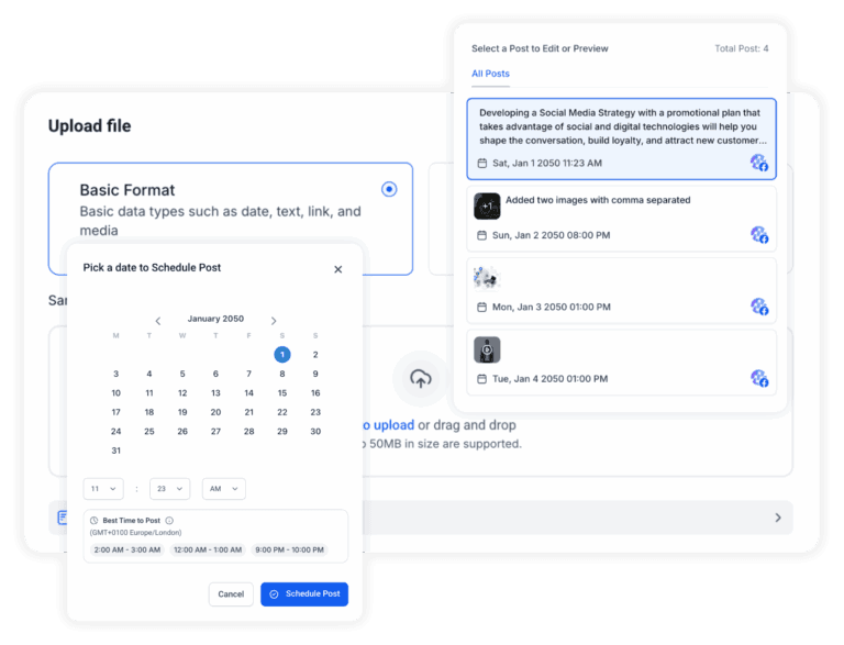 Overlays showcasing social media post bulk uploads and scheduling.