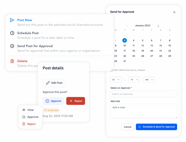 Screenshot collection of social media approval process available in Intrinzi.