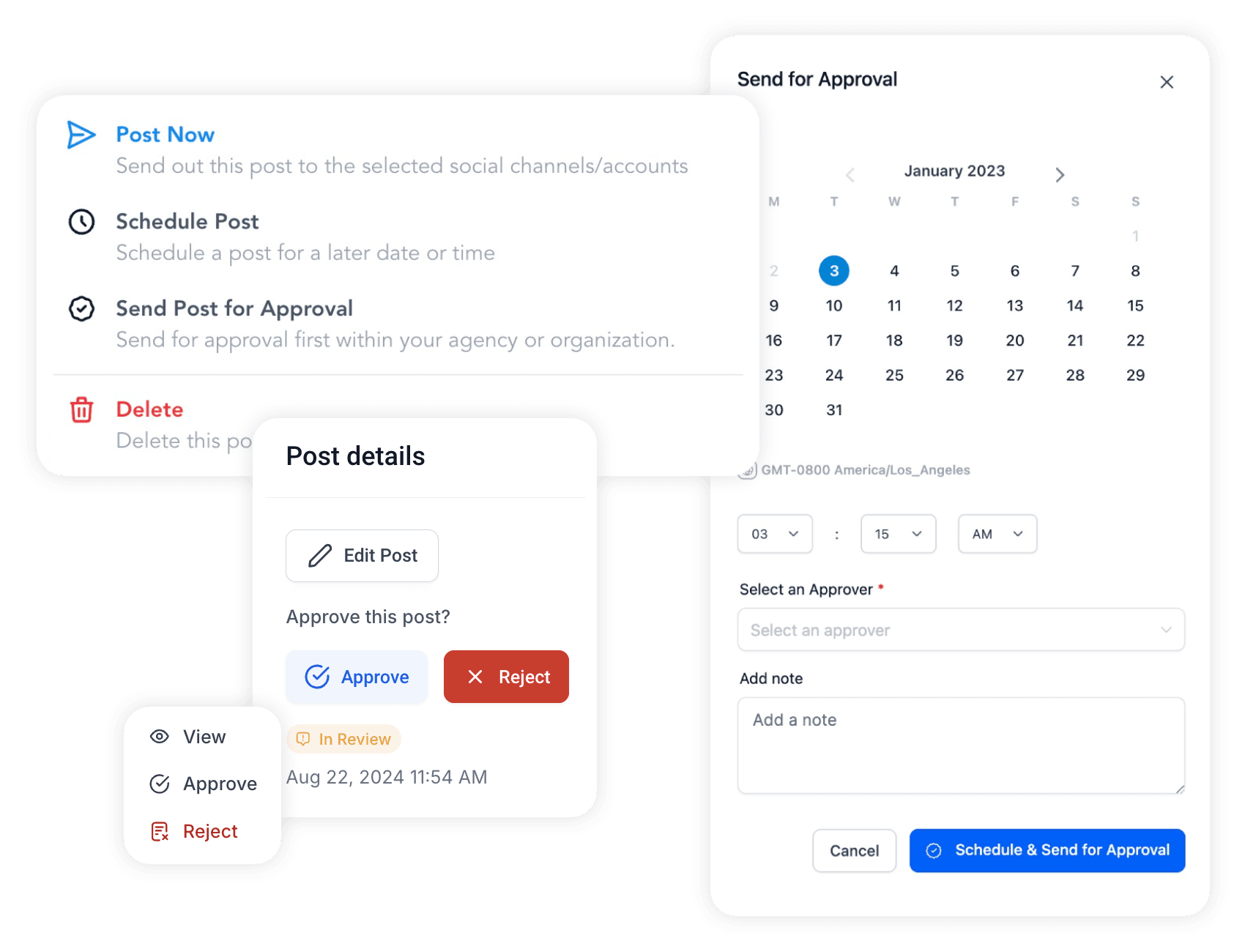 Screenshot collection of social media approval process available in Intrinzi.