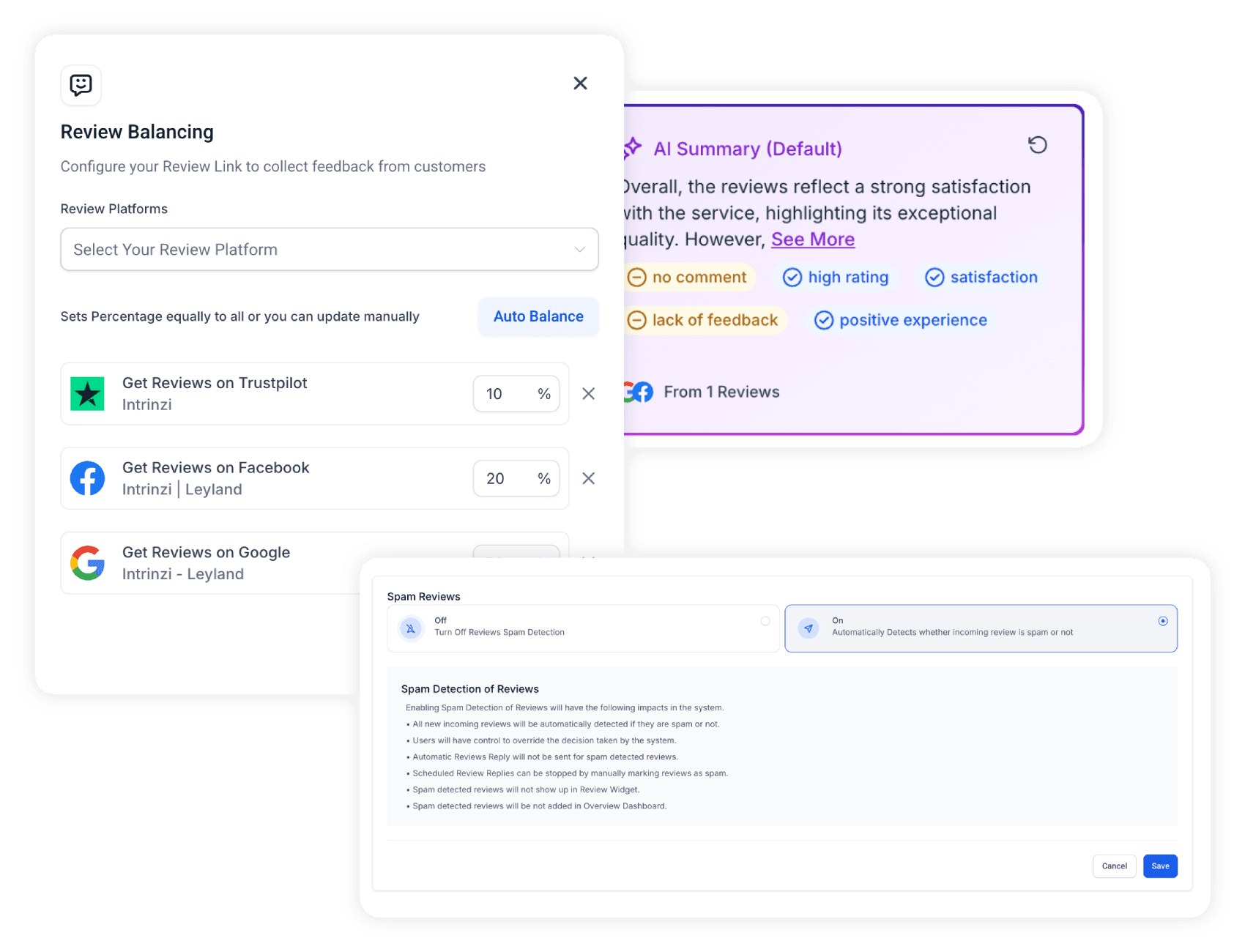 Screenshot overlays highlighting spam review management and set up alongside AI review overviews.