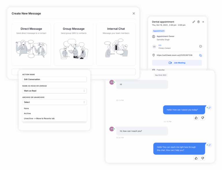 Unified inbox showcasing conversations, new messages, and appointments.