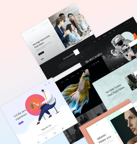 Collection of website design layouts in a tilted tiled effect.