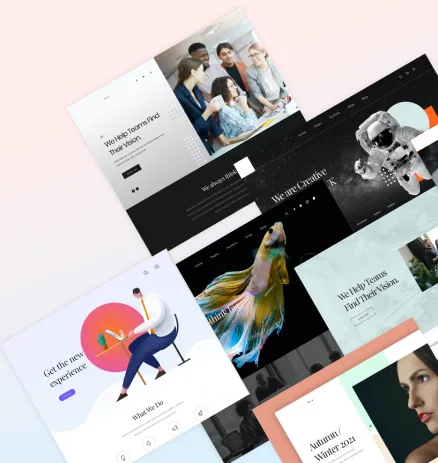 Collection of website design layouts in a tilted tiled effect.