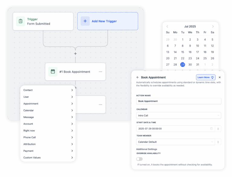 Combined screenshots showing booking automation workflow in action.