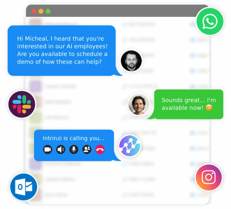 Intrinzi unified inbox with chat messages overlayed along with social and messaging logos.