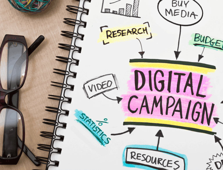 Open notebook with digital campaign written in bold surrounded by marketing keywords.
