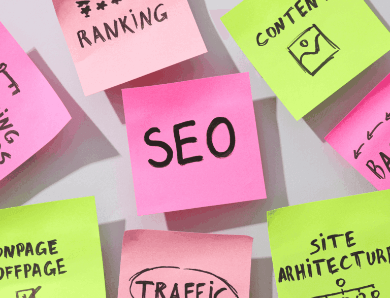 Collection of vibrant sticky notes with SEO, ranking, and other relevant words written on them.